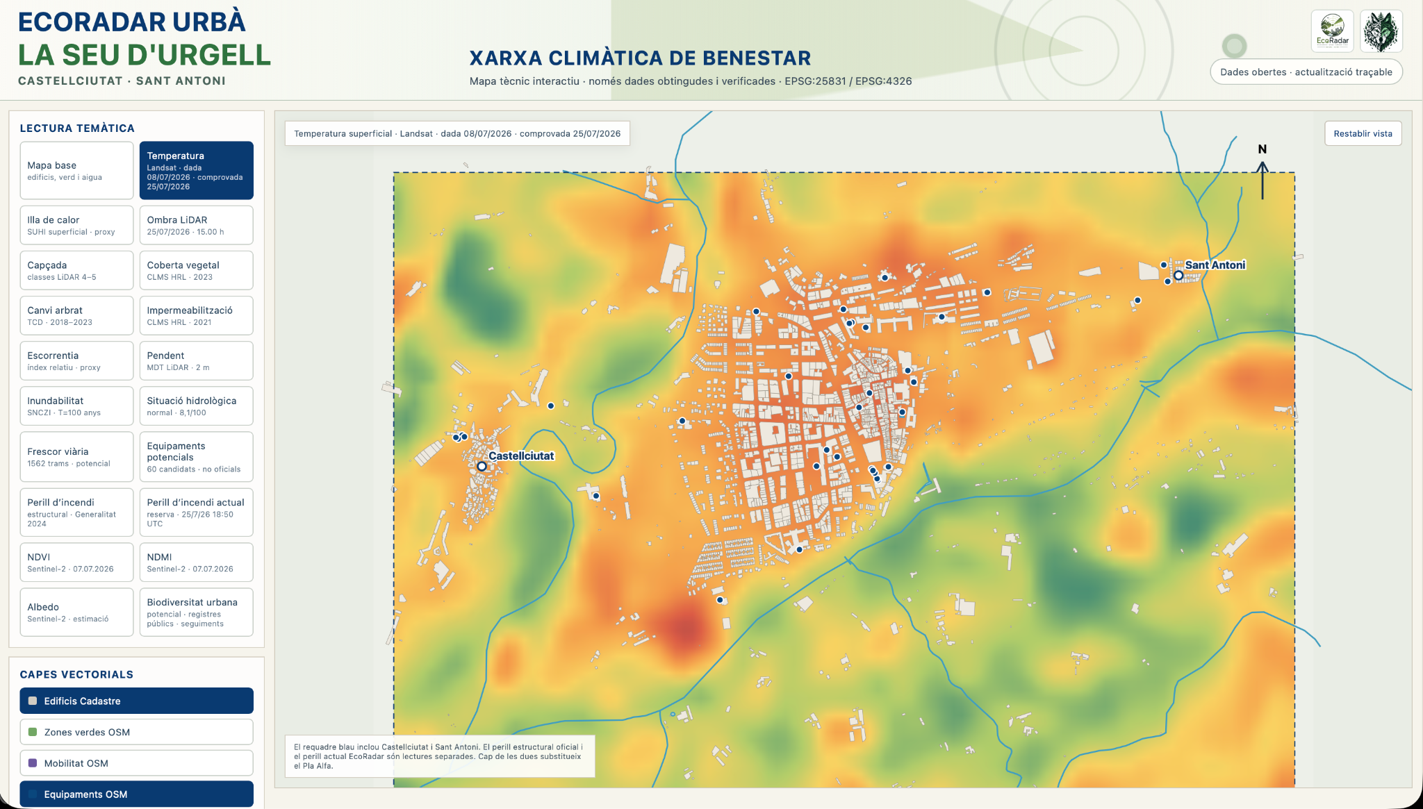 Captura real d'EcoRadar Urbà amb la lectura de temperatura superficial de la Seu d'Urgell