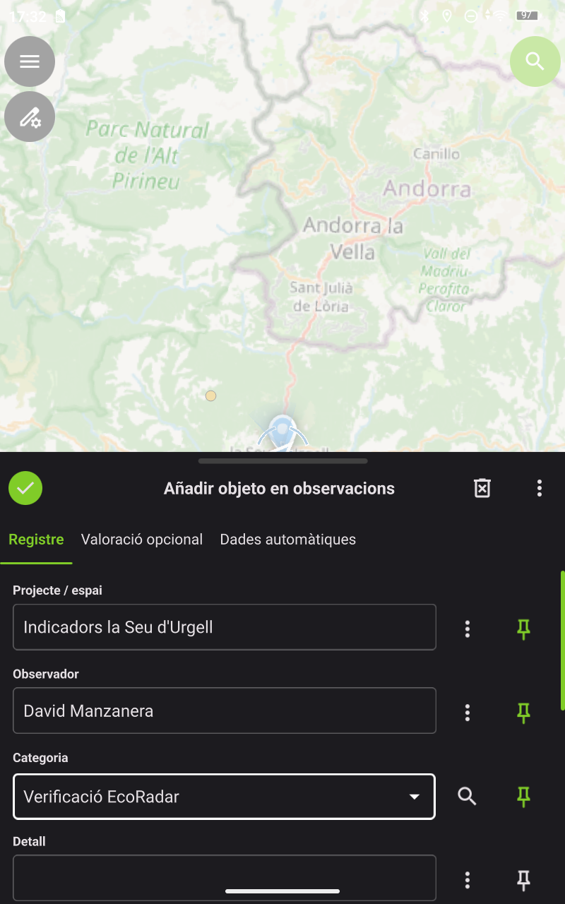 Captura real del formulari EcoRadar utilitzat amb QField per recollir dades georeferenciades al camp